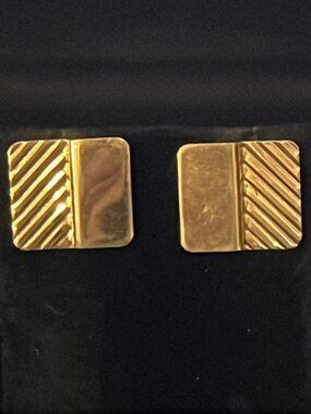 Gold Tone Square, Half Diagonal Stripe Earrings